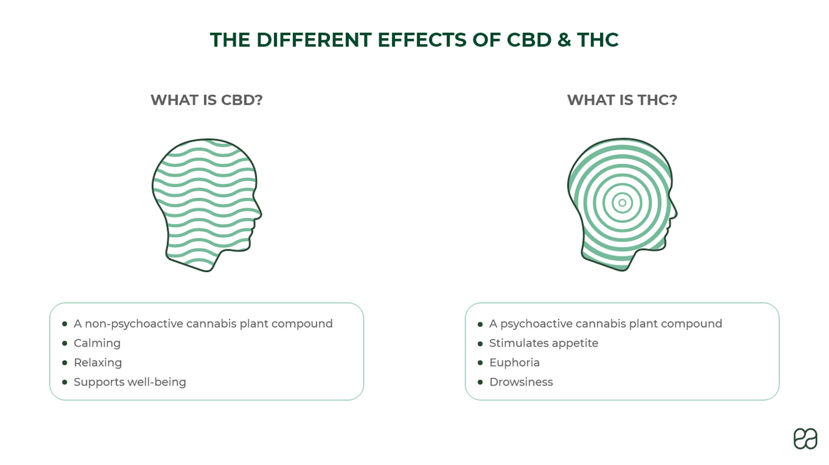 THC vs CBD: CBD is non-psychoactive and is relaxing. THC is psychoactive, increases appetite, causes euphoria & drowsiness