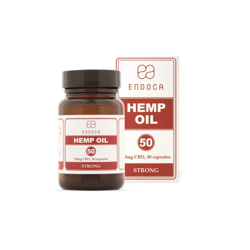 Endoca Hemp Oil CBD capsules 50mg jar and box, strong