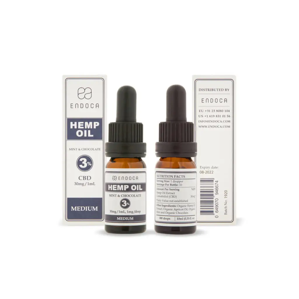 Endoca Hemp Oil 3% mint and chocolate bottles with front and back of box