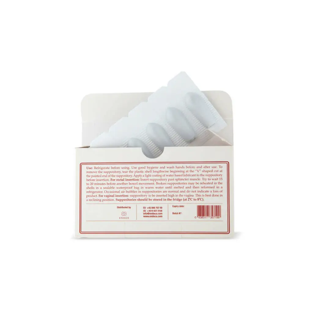 Endoca CBD suppositories open box showing individually wrapped suppositories
