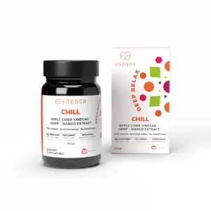 Endoca Chill CBD gummies jar and box, apple cider vinegar, hemp and mango extract