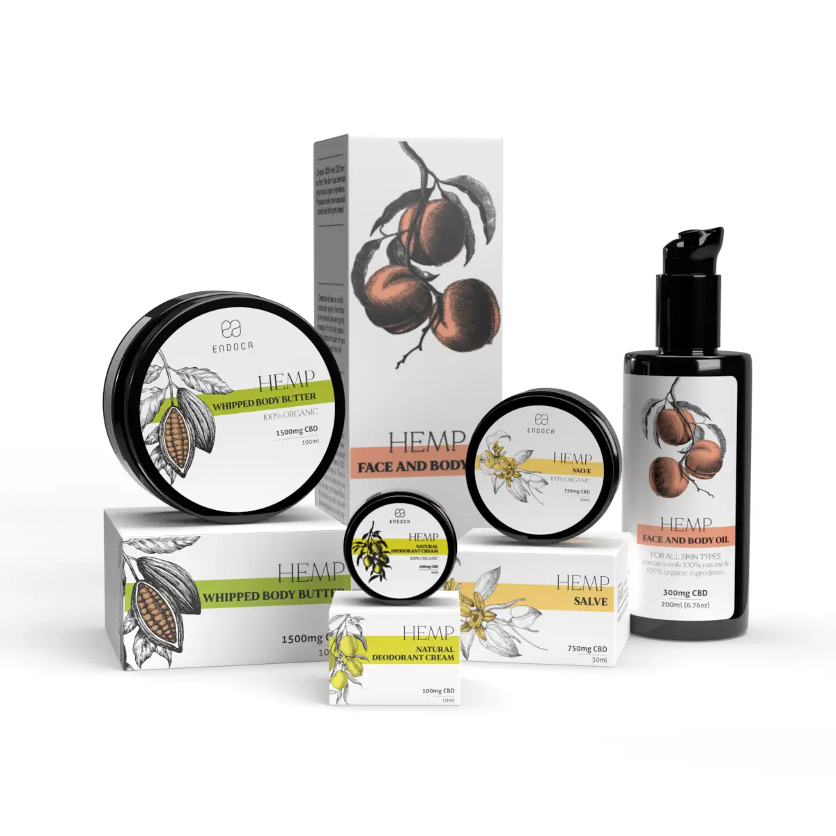 Endoca skincare bundle: face and body oil, body butter and salves with their boxes