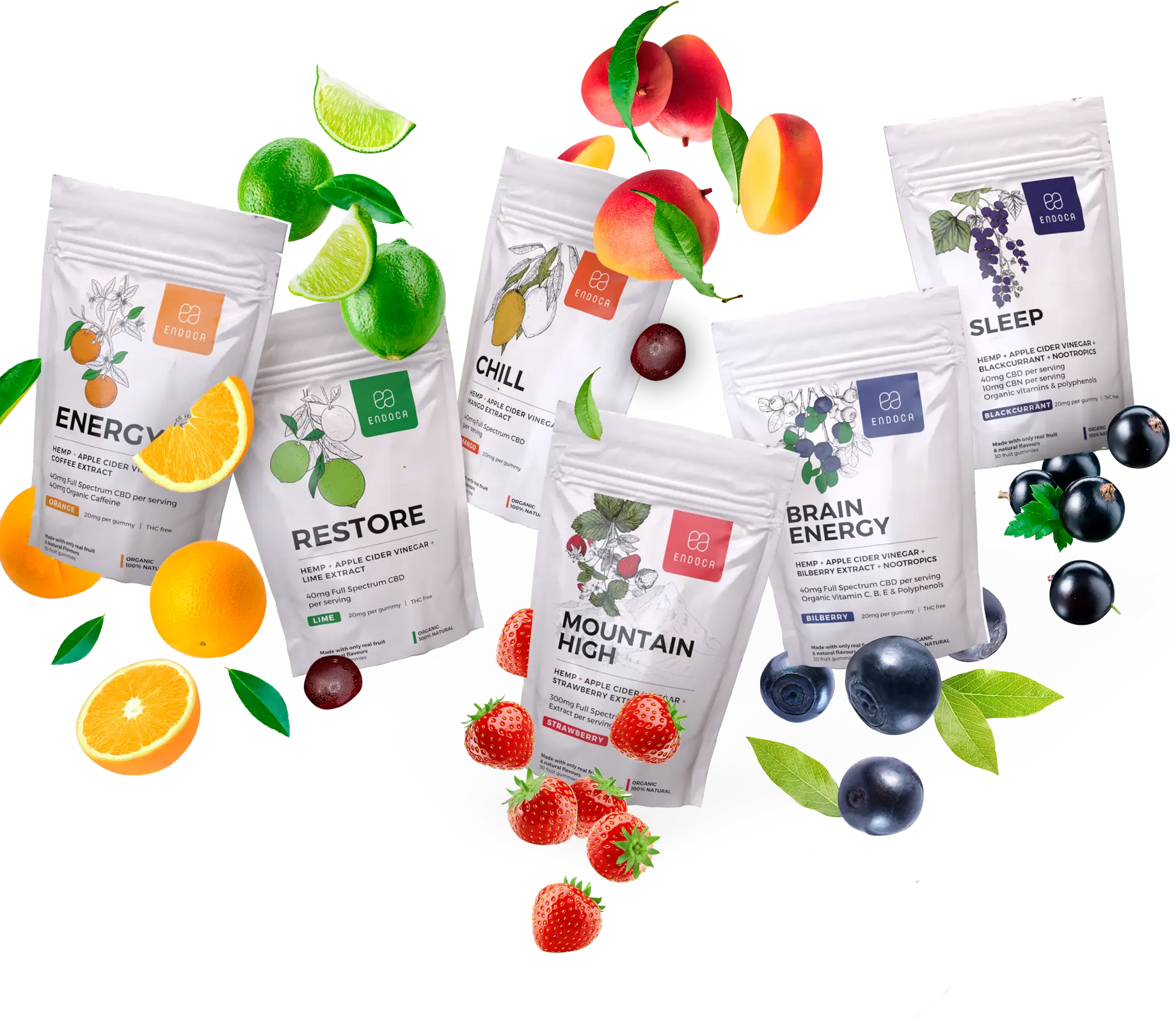 Endoca gummies pouches with oranges, limes, strawberries and blueberries floating around them