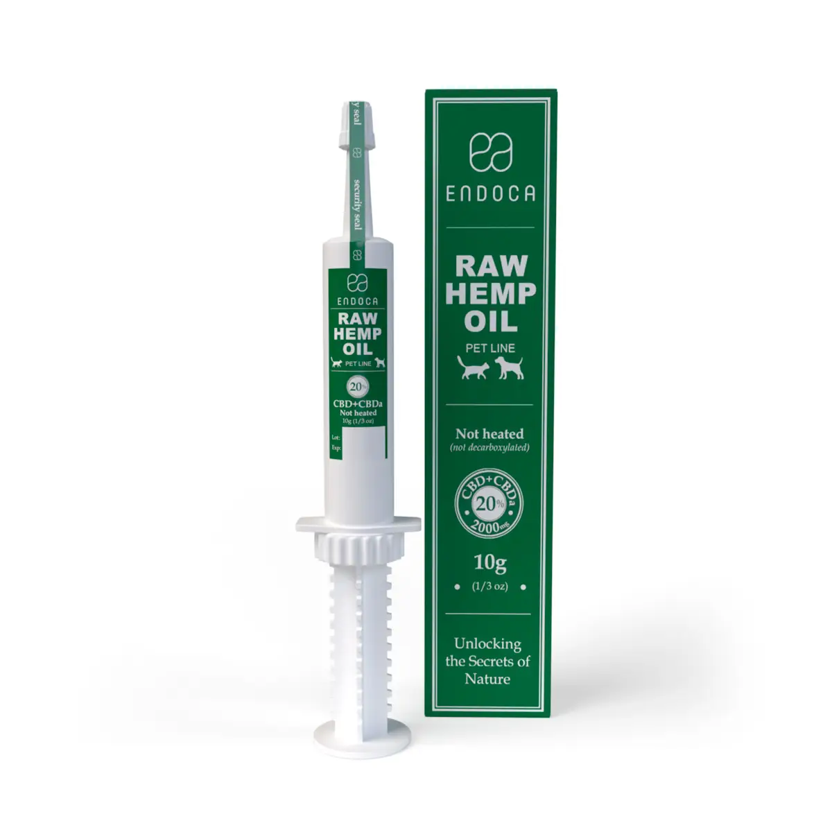 Endoca RAW Hemp Oil CBD extract syringe for pets with green box, 10g