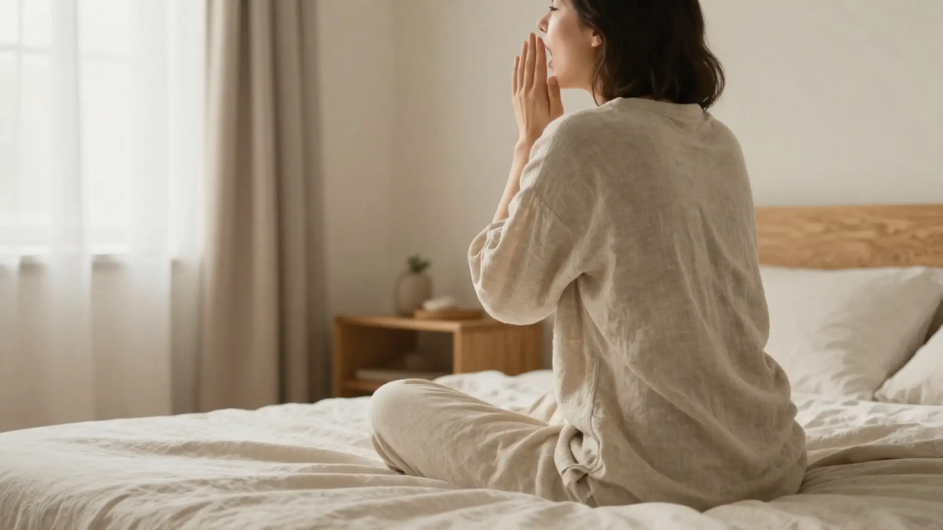 Woman sitting on the edge of a bed stretching in the morning