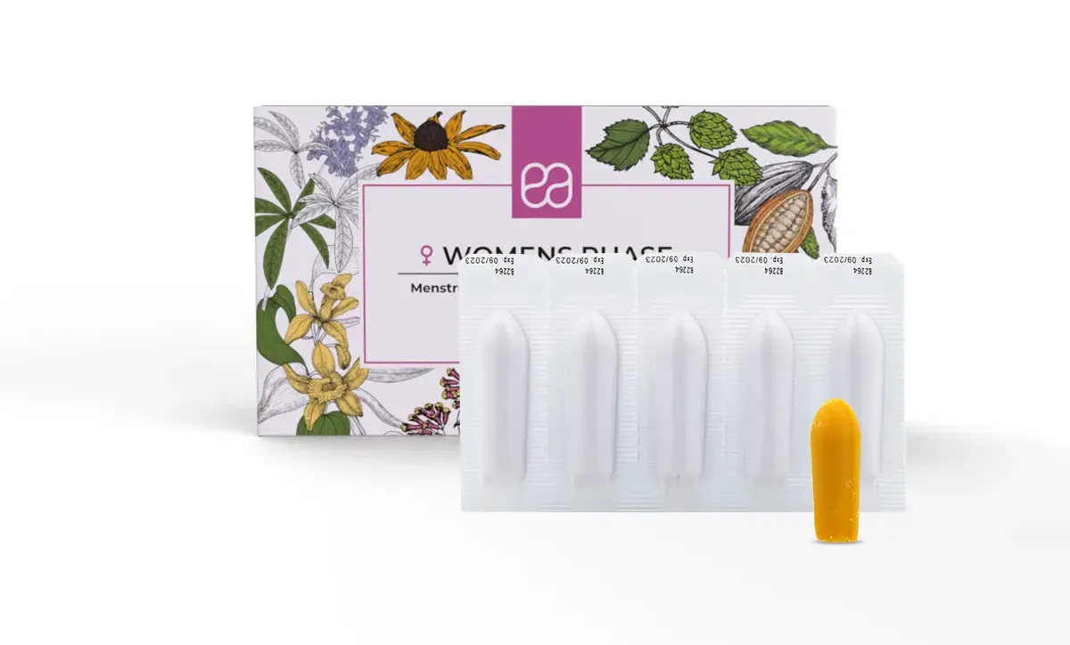 women-phase-Suppositories-Front-Sup-1.jpg Endoca Womens Phase box with suppositories laid out in front, 100% organic
