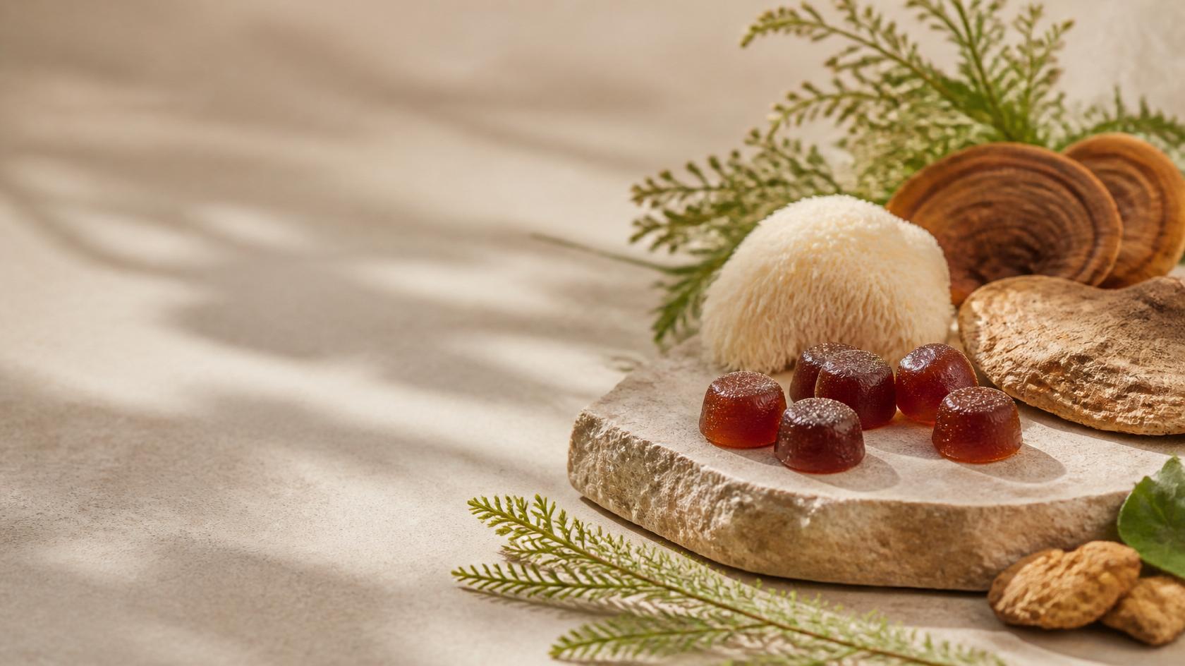 Mushroom gummies on a stone board with functional mushrooms and nuts