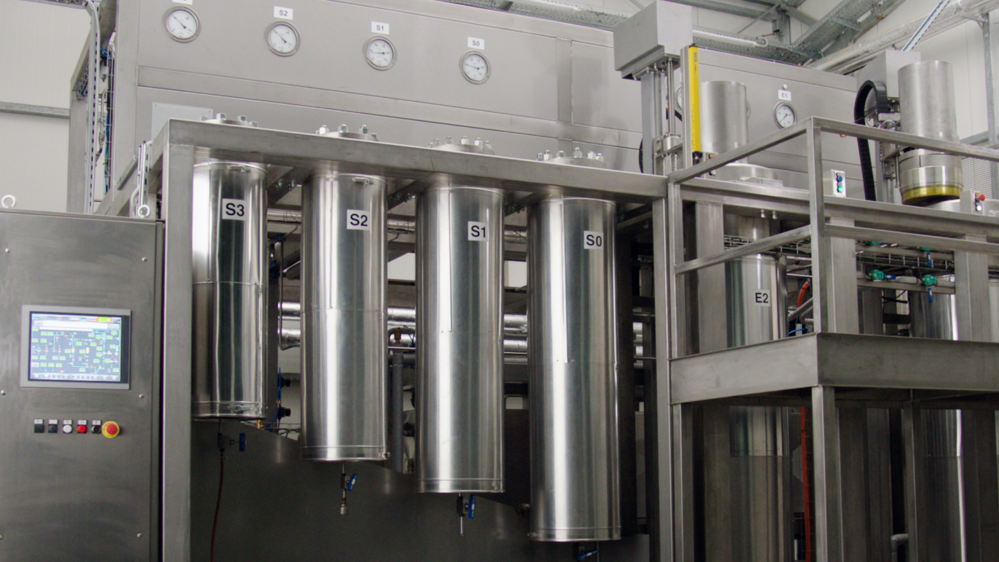 Control panel and stainless steel columns of Endoca's CBD extraction plant