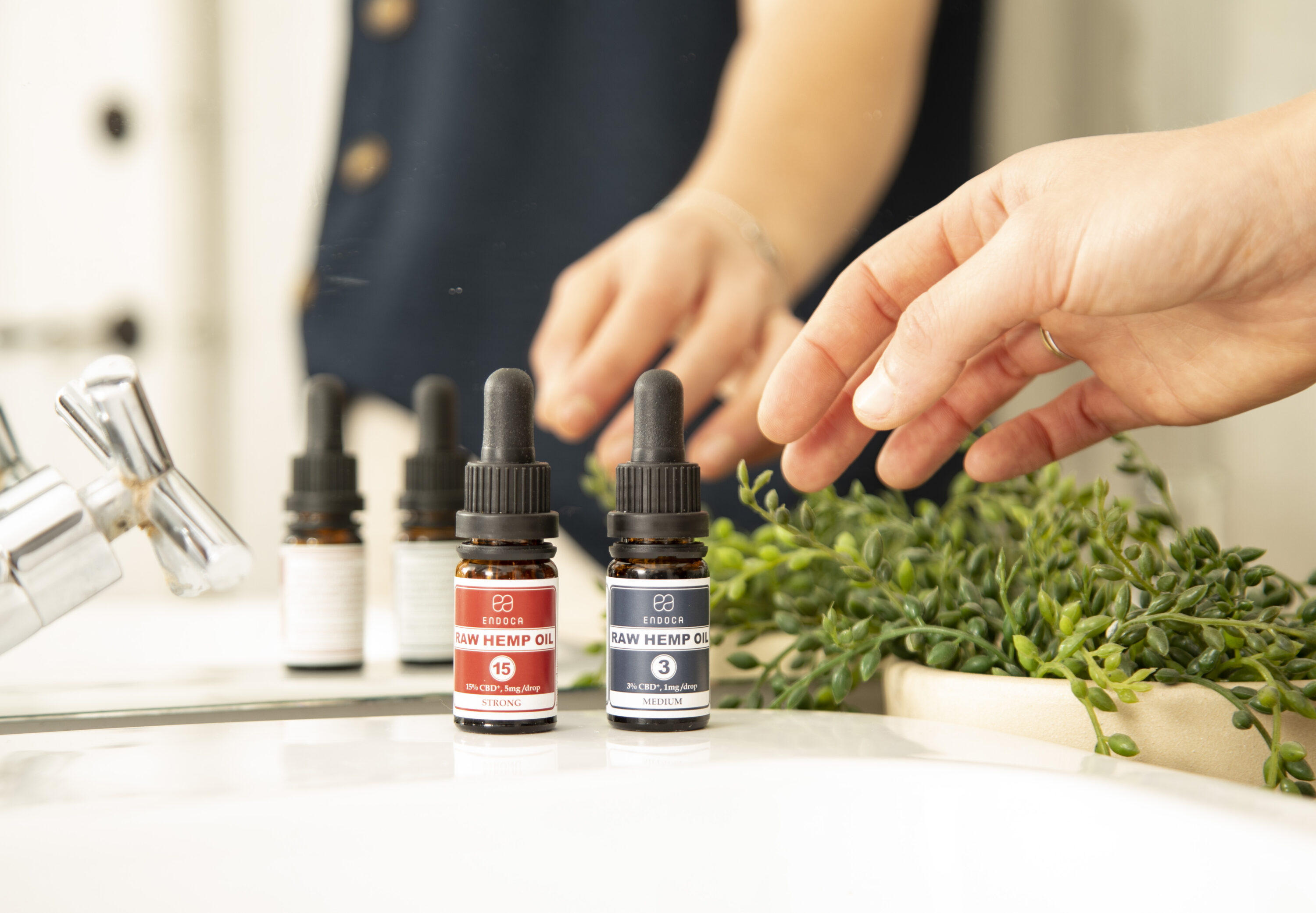 Row of Endoca CBD oil dropper bottles next to fresh hemp sprouts on a white counter