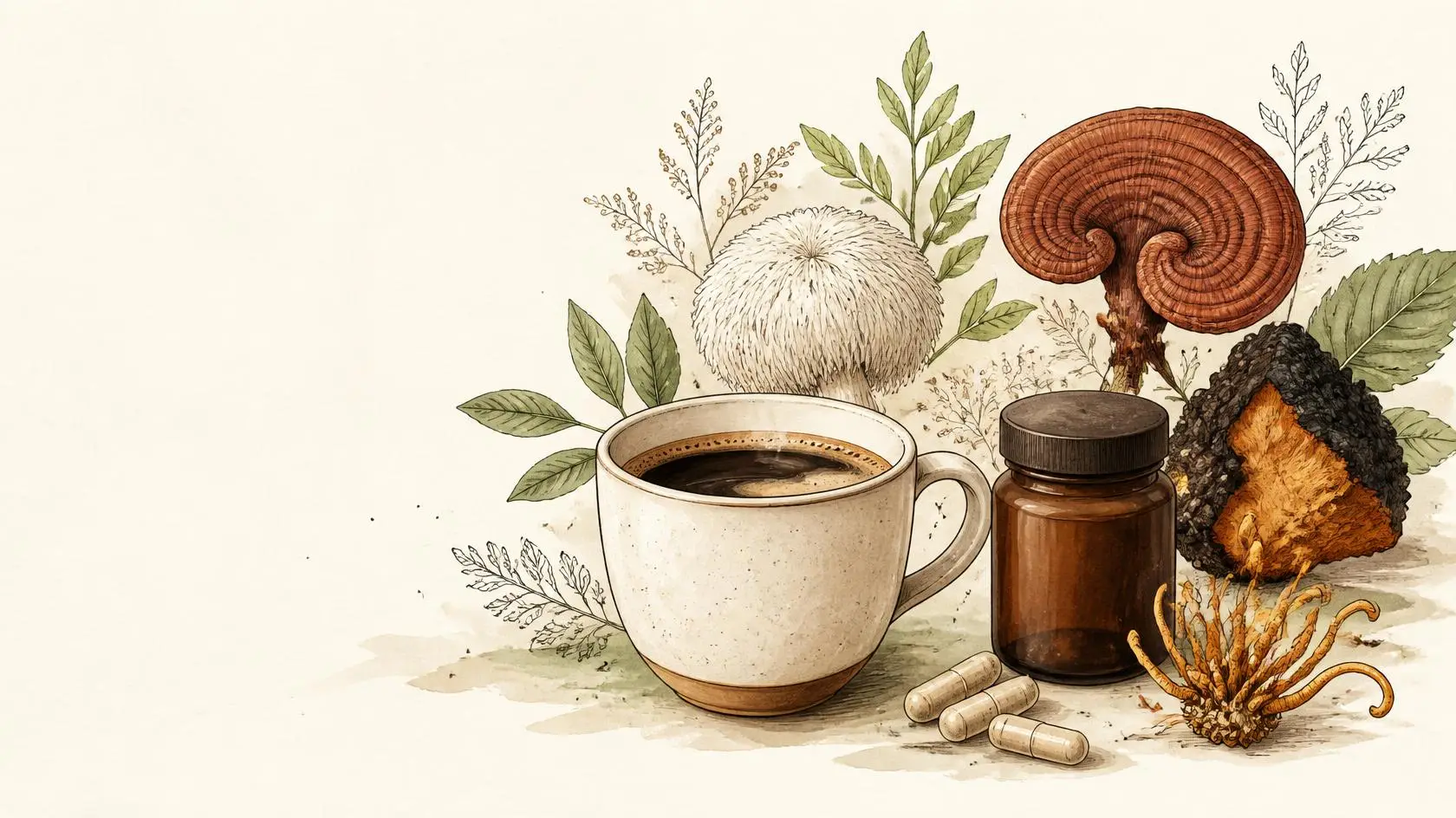 Illustration of mushroom coffee with reishi, lion's mane and chaga beside a supplement bottle and capsules