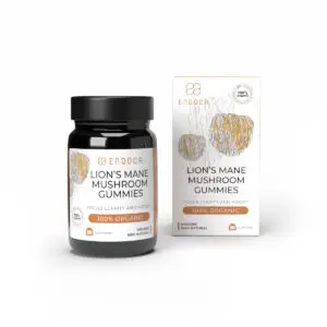 Endoca Lion's Mane Mushroom Gummies jar and box, 100mg organic extract per serving