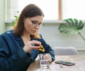Nervous disorder, depression, nervousness, age-related health problems. Mature woman dripping drops with glass of water, drinking sedative medicine, at home in pajamas, copy space